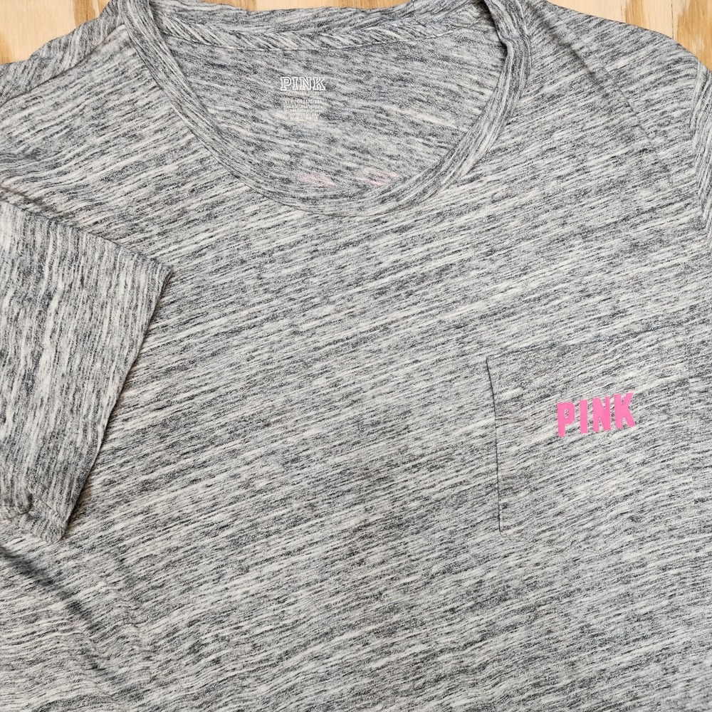 Victorias Secret Pink Womens Small Campus Tee Shirt Marl Gray Neon Pink Logo Dog - Picture 2 of 6